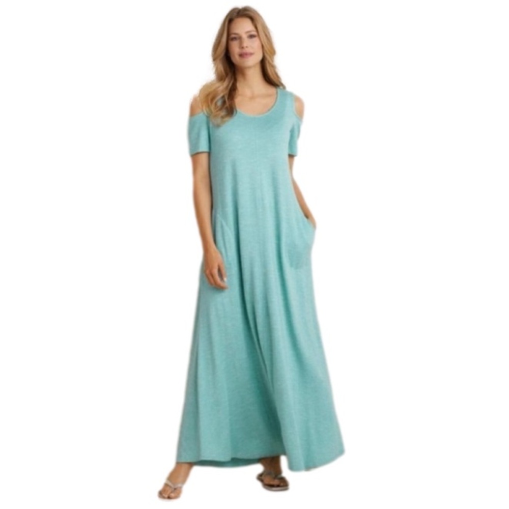 SOFT SURROUNDINGS Electra Maxi Dress Women's Tropical Teal Cold Shoulder SZ XL